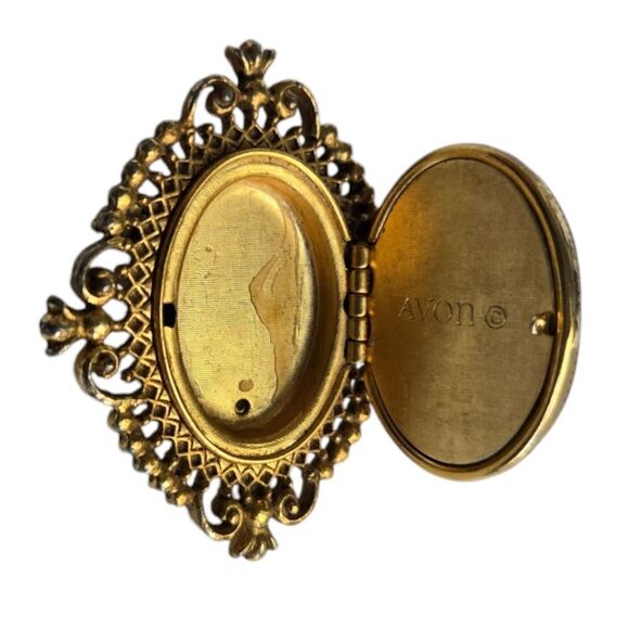 Vintage Avon Perfume Cameo Gold Tone Locket Brooch 2" Pin Empty - Picture 5 of 8